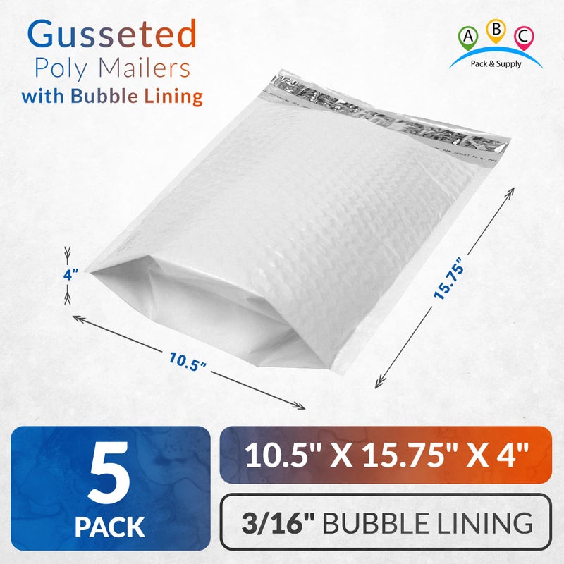 ABC PACK & SUPPLY White Gusseted Bubble Mailers, 10.5 x 15.75 x 4 Inch. Pack of 5 Expandable Envelopes. Padded Shipping Envelopes. Waterproof Bubble Bags for Shipping. Poly Bubble Mailers Self Seal - Image 2